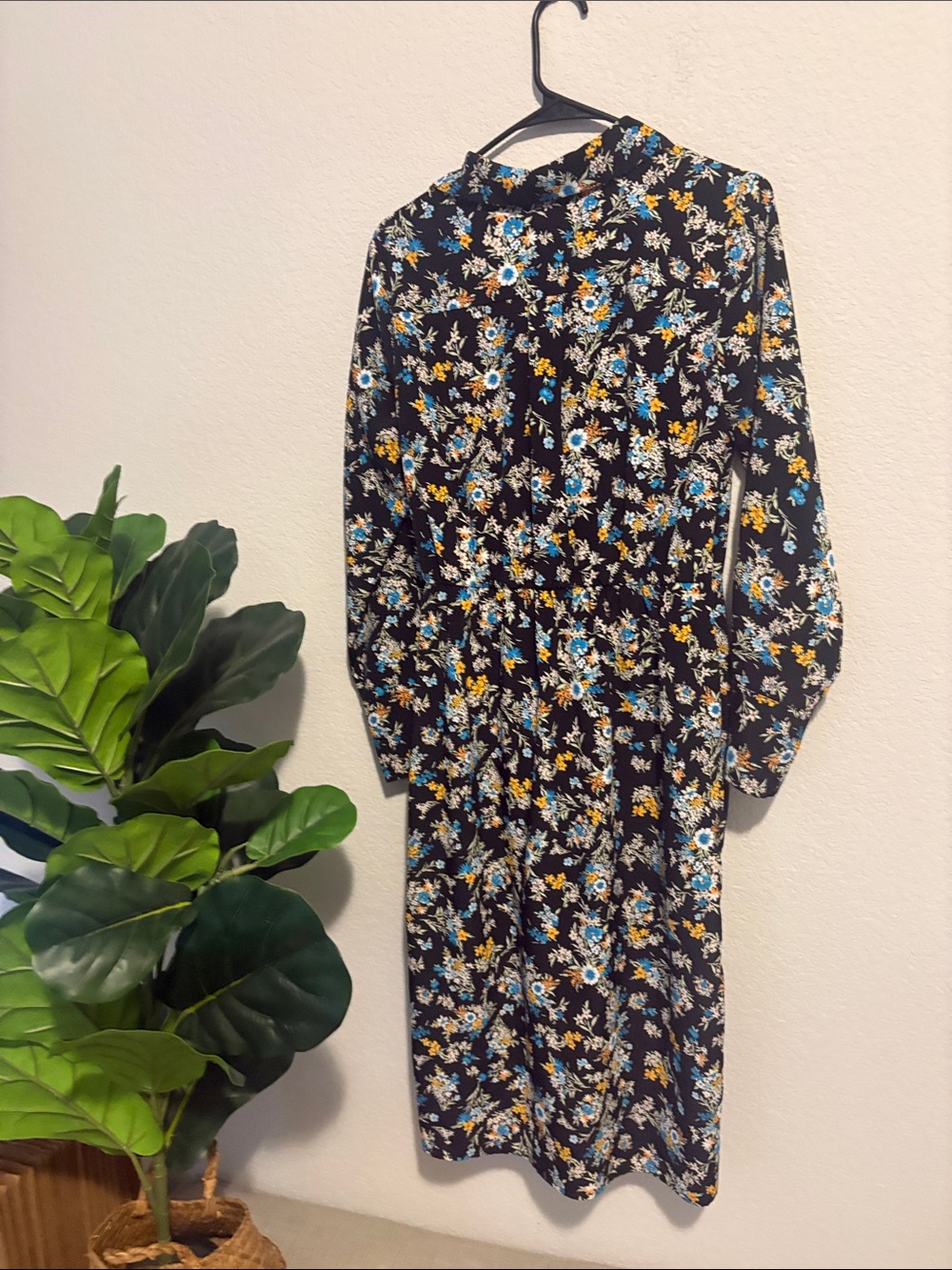 Cato size medium Black Floral Wrap Midi Dress with Blue & Yellow flowers - Picture 6 of 6
